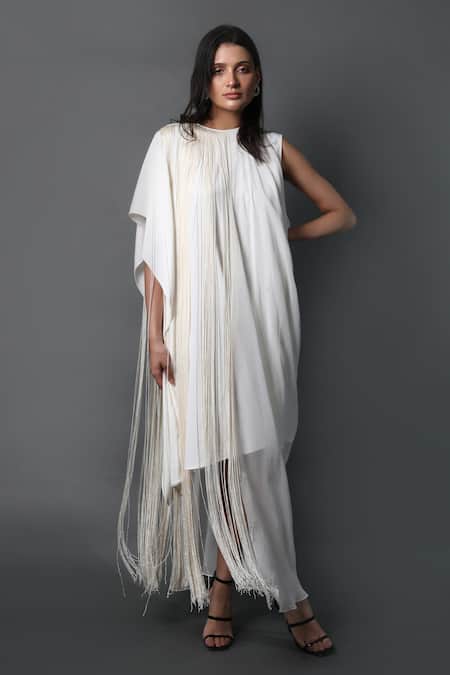 Swatee Singh White Crepe Fringe Round Neck Asymmetric Dress 