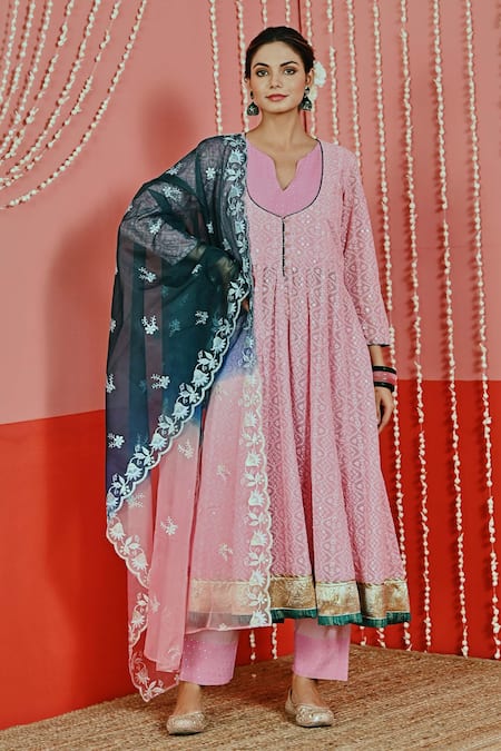 Myaara Pink Georgette, Cotton, Organza Sequins, Embroidery Split V-neck Anarkali Set 