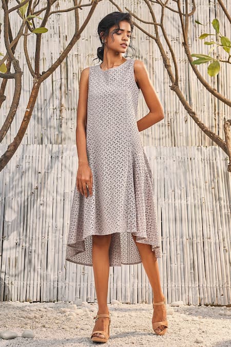 Charkhee Grey Schiffli Lining- Cotton Jewel High Low Hem Dress 