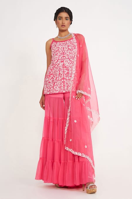 Asaga Pink Organza, Chanderi, Georgette Embroidery Clover Floral Kurta Sharara Set