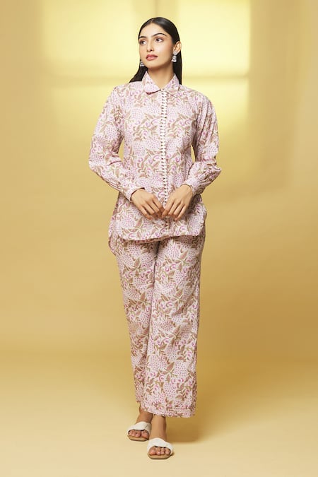 Kalakaari By Sagarika Pink Cotton Lace Collared Floral Bloom Print Tunic With Pant 