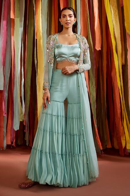 Label Sanya Gulati Green Satin, Georgette, Linen Floral Embroidered Cape With Tiered Sharara Set