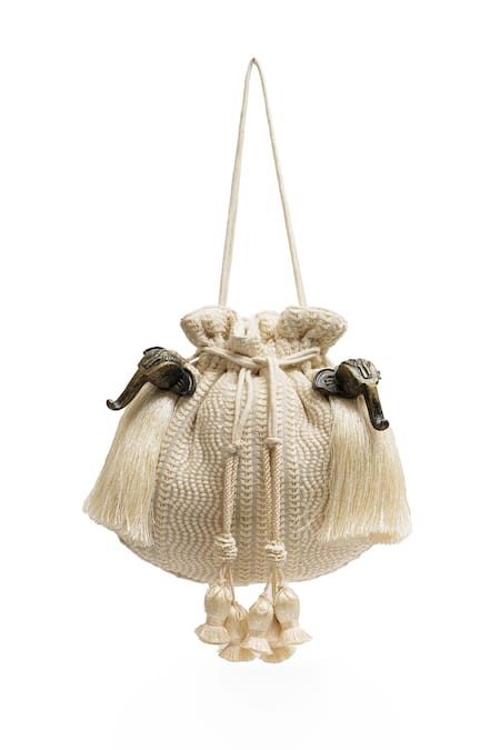 Shop Rabani & Rakha Ivory Embroidery, Metallic Thread Potli Bag at Aza Fashions Shop_Rabani & Rakha_Ivory Embroidery, Metallic Thread Potli Bag _at_Aza_Fashions