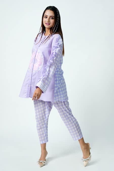 Jyoti Bansal Purple Cotton Embroidery Round Neck Ruffle Sleeve Shirt With Chequered Pant 