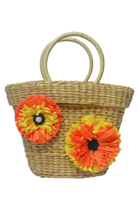 Gin & Tonic Flower Embellished Basket Woven Beach Bag 