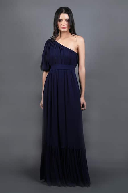 Swatee Singh Pleated Hem One-Shoulder Gown 