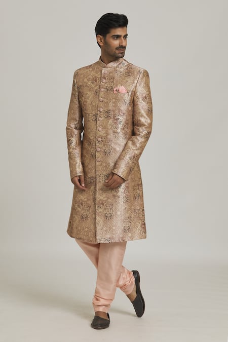 Samyukta Singhania Peach Sherwani Art Silk Printed Floral On With Churidar 