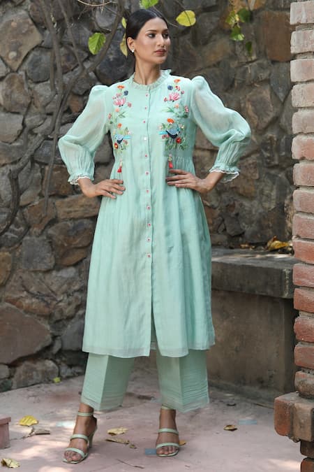 Desert Shine By Sulochana Jangir_Blue Chanderi Embroidery Round Neck Dress_Online_at_Aza_Fashions