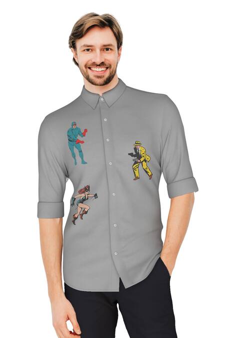 Buy Grey Cotton Twill Printed Superhuman Placement Shirt For Men