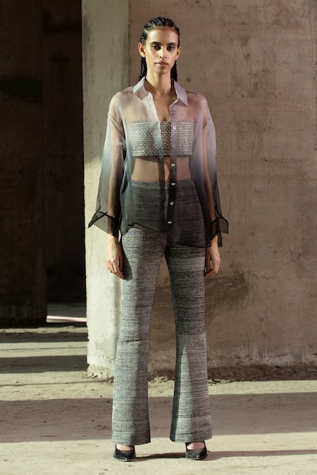 AKHL Black Tulle Embroidered Hand Textured Trousers 