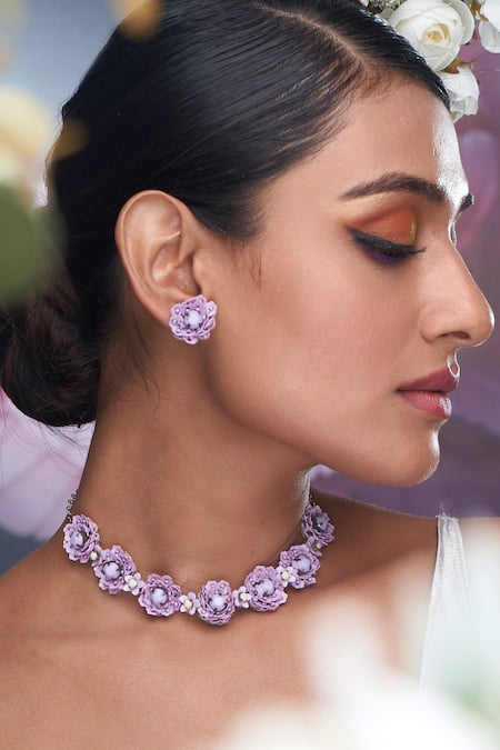 Torque By Merge Purple Beads, Sequins Flower Design Choker Set