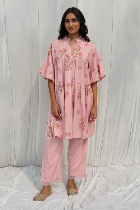 Ayaka Pink Cotton Collared Floral Print Gathered Dress