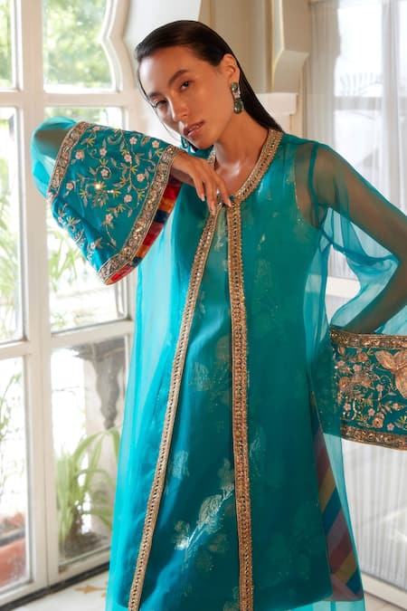 Atelier Shikaarbagh Blue Lurex, Organza, Satin Embroidery Floral Pattern Kurta Overlay Set