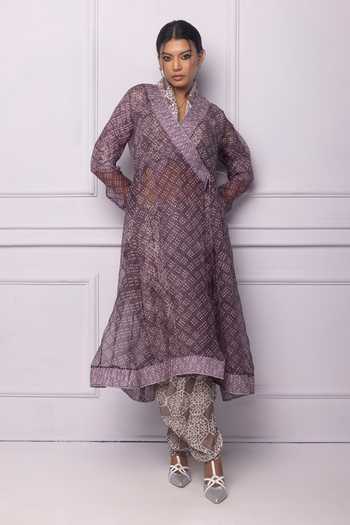 Buy Purple Organza Printed Batik V Neck Angrakha For Women by Ek Katha ...