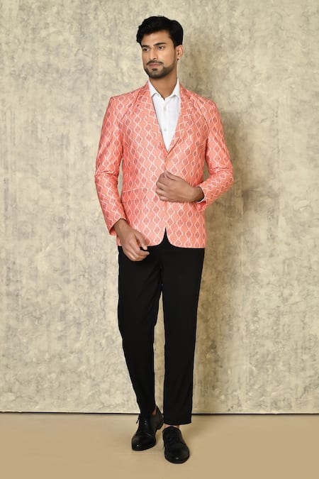 Buy Peach Cotton Linen Printed Floral Wave Blazer For Men by