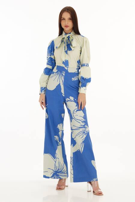 Koai_Blue Poplin Cotton Floral Shirt Collar Bow Tie_Online_at_Aza_Fashions