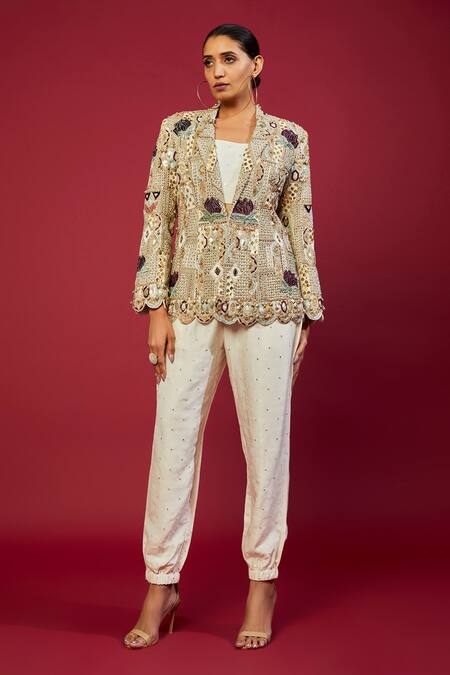 Buy Payal Singhal Off White Georgette Embroidery Geometric Jacket Blazer And Jogger Pant Set at Aza Fashions Buy_Payal Singhal_Off White Georgette Embroidery Geometric Jacket Blazer And Jogger Pant Set_at_Aza_Fashions