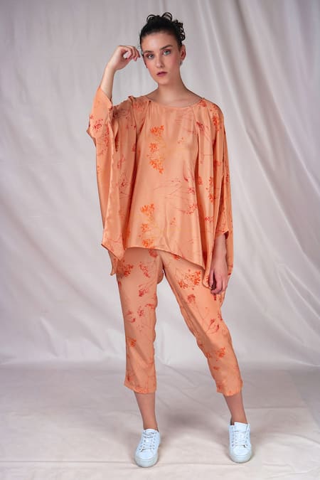 Seesa Peach Crepe Silk Printed Floral Round Flared Top 