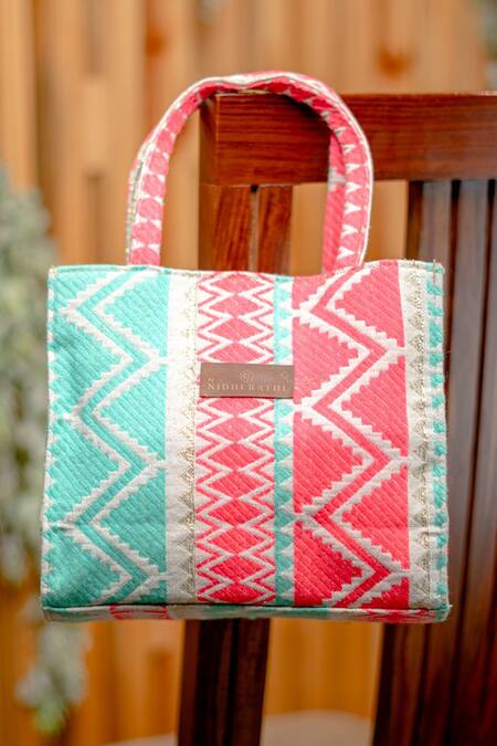 Buy Multi Color Woven Geometric Pattern Jacquard Tote Bag by
