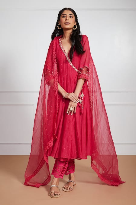 Label Mansi Nagdev Red Malai Chanderi Embroidery Mukaish V Neck Nabawiya Placket Angrakha Set 