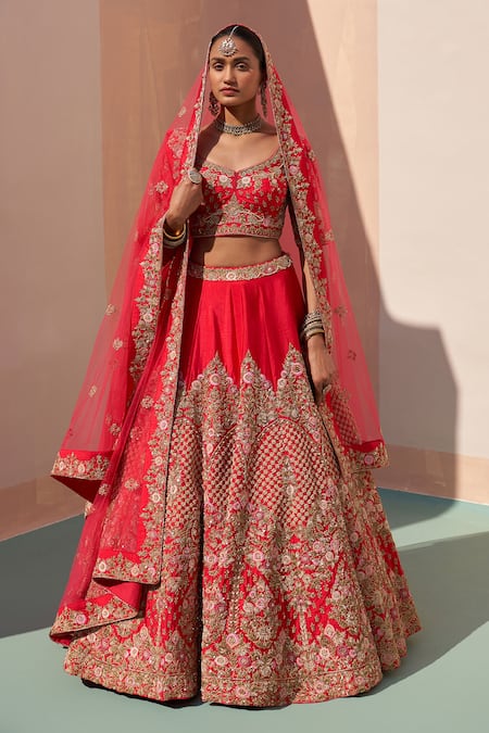 Angad Singh Flower Embroidered Raw Silk Bridal Lehenga Set 