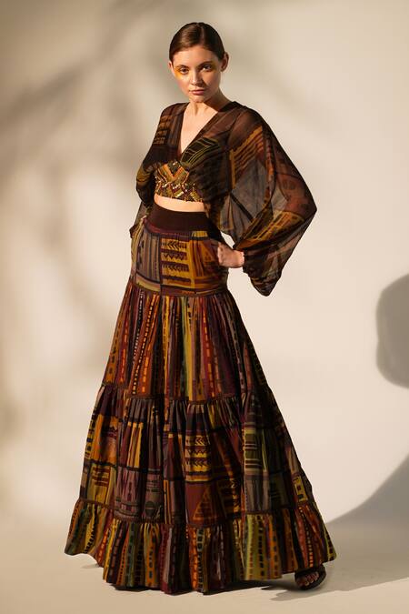 Nikita Mhaisalkar Multi Color Chiffon Beads, Sequins, Cut Work Abstract Print Balloon Sleeve Top Online at Aza Fashions Nikita Mhaisalkar_Multi Color Chiffon Beads, Sequins, Cut Work Abstract Print Balloon Sleeve Top _Online_at_Aza_Fashions