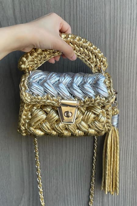 Bijit Gold Fringe, Tassels Braided Texture Sling Bag 