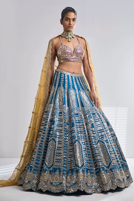 Teal & Gold-Toned Embroidered Semi-Stitched Lehenga & Unstitched Blous –  Inddus.com