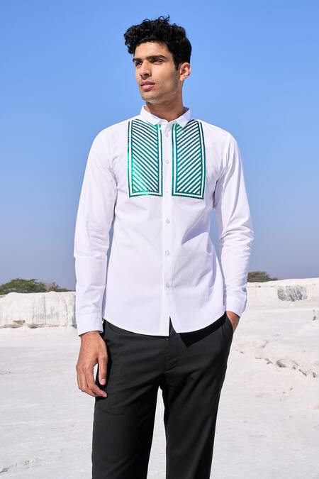 Buy Dash And Dot White Cotton Embroidery Chevron Bib Shirt at Aza Fashions Buy_Dash And Dot_White Cotton Embroidery Chevron Bib Shirt_at_Aza_Fashions