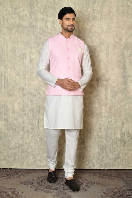 Aryavir Malhotra Floret Chikankari Work Bundi & Plain Kurta Set 