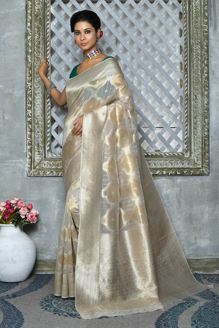 Nazaakat by Samara Singh Grey Silk Blend Woven Bloom And Striped Saree