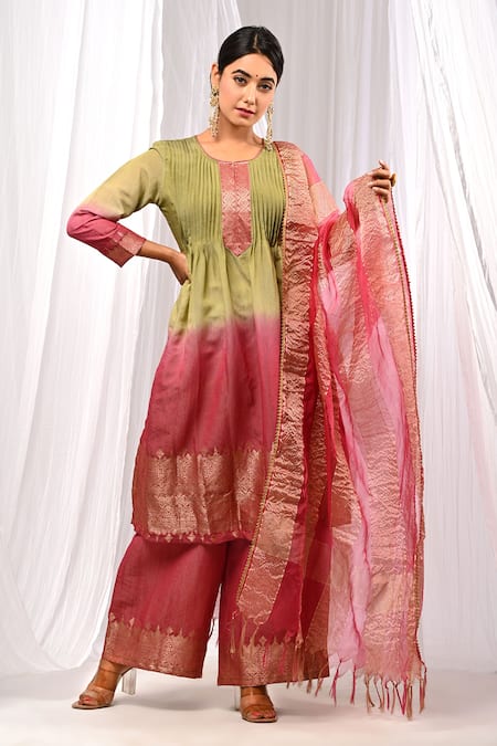The Home Affair Pure Chanderi Pintucked Ombre Kurta Palazzo Set 