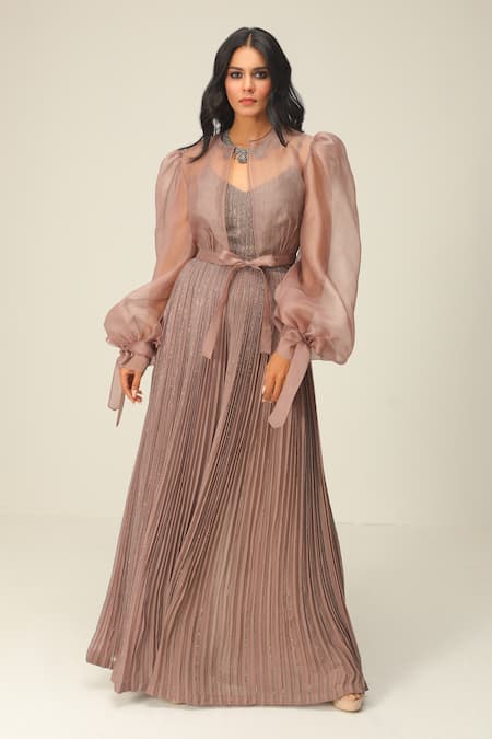 Rishi And Soujit Beige Georgette And Organza Pleated Strappy Jumpsuit With Overlay  