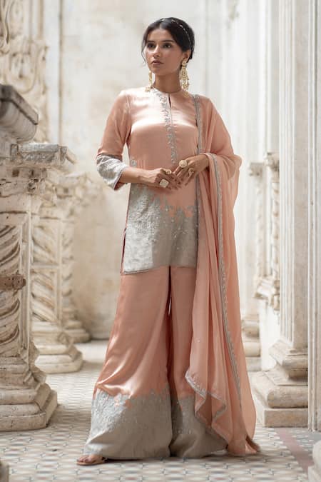 Sheela Suthar Peach Tissue Embroidery Zardozi Keyhole Kurta Sharara Set 