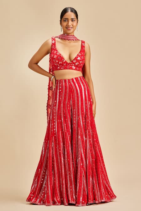 Nitika Gujral Red Crop Top And Sharara Georgette Embroidery Patra Leaf Neck Set