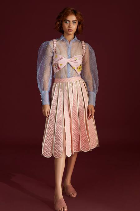 Archana Rao_Pink Satin Embroidery Turtle Neck Twist Bustier _Online_at_Aza_Fashions