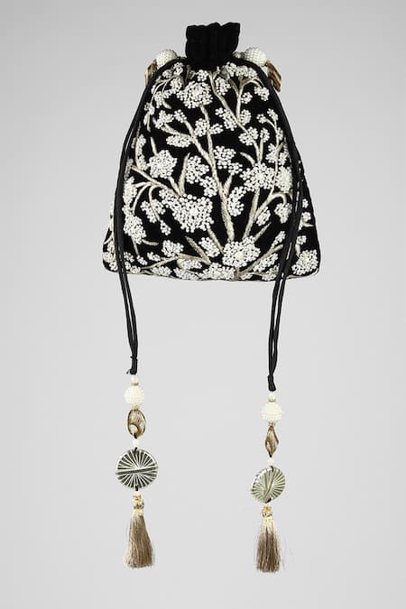 Clutch'D Black Embroidered Velvet Potli Bag 