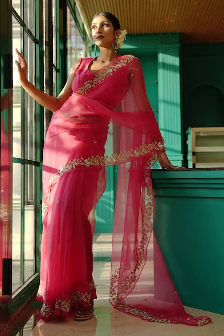 Buy Pink Satin Silk Hand Embroidered Zardozi Work Saree And Blouse Set For  Women by Gul By Aishwarya Online at Aza Fashions.
