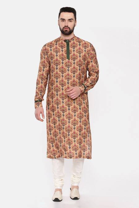 Mayank Modi - Men Beige Muslin Print Quatrefoil Mandala Kurta Set