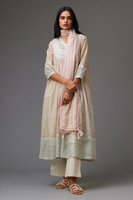 KORA Cotton Chanderi Hand Block Printed Anarkali Set 