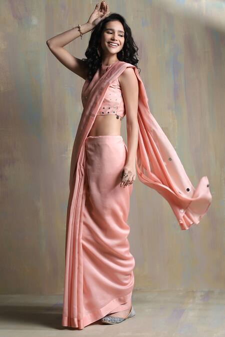 Shop Charkhee Peach Saree Chanderi Embellished Mirror Work Round Pre-stitched With Blouse Online at Aza Fashions Shop_Charkhee_Peach Saree Chanderi Embellished Mirror Work Round Pre-stitched With Blouse_Online_at_Aza_Fashions