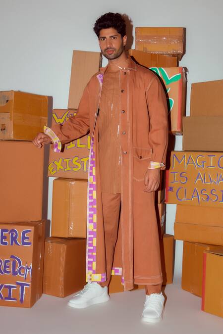 Nirmooha_Brown Cotton, Linen Band Collar Kurta Set _Online_at_Aza_Fashions