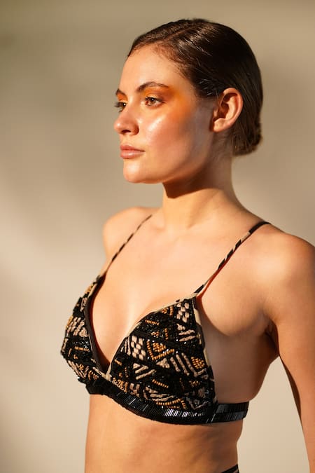 Buy Black Mul Silk Embellished Thread And Wooden Plunge V Hand Bralette For  Women by Nikita Mhaisalkar Online at Aza Fashions.