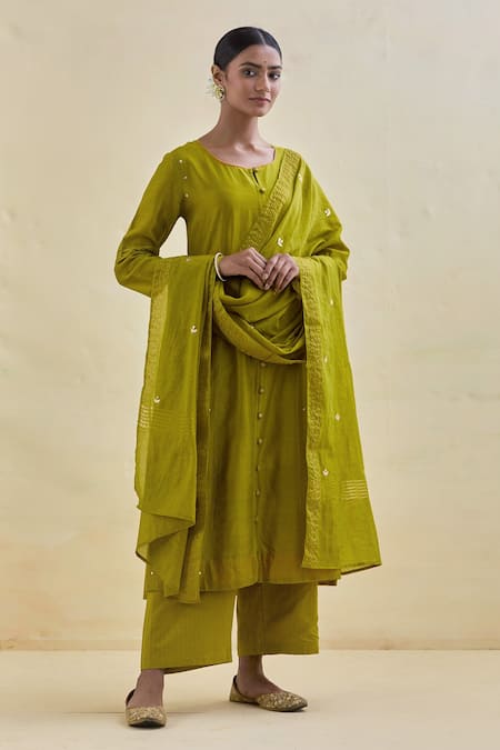 Buy Green Chanderi Silk Hand Embroidered Front Buttoned Anarkali Pant ...