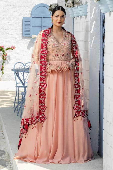 Tamaraa By Tahani Peach Crepe, Chiffon Embroidery, Sequins Scoop Bodice Anarkali With Dupatta 
