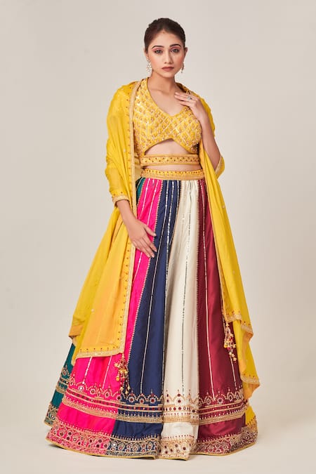 Tamaraa By Tahani Multi Color Silk Taffeta Embellished Sequins V Parisa Blocked Work Lehenga Set 