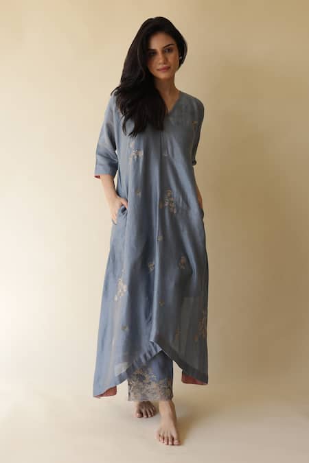 Rhua Blue Silk, Cotton, Silk, Embroidery, Mukaish Kurta Set 