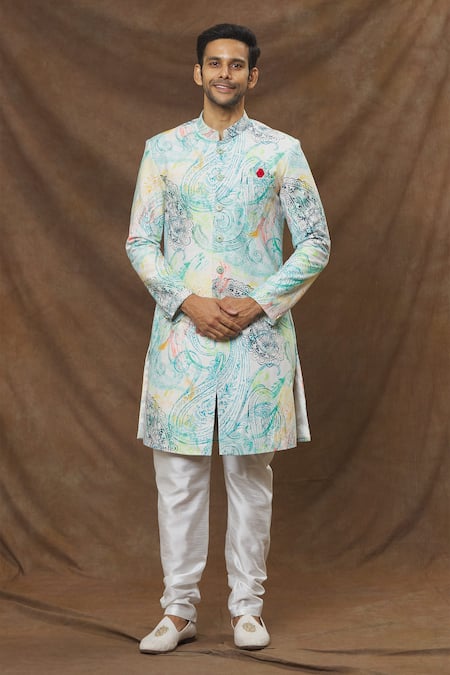 Arihant Rai Sinha Multi Color Sherwani Satin Suede Printed Paisley Patterns Set 