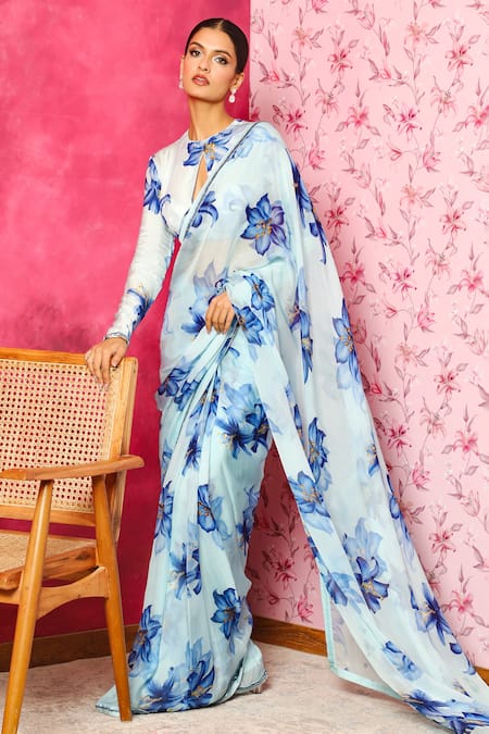 Dohr India Blue Saree Organza Printed Blossom With Unstitched Blouse Piece 