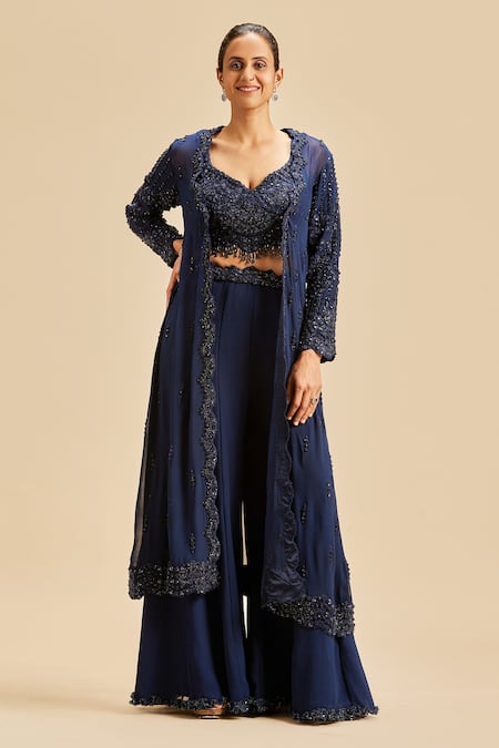 Nitika Gujral Blue Georgette Embroidery Sequin Leaf Neck Jacket And Sharara Set 